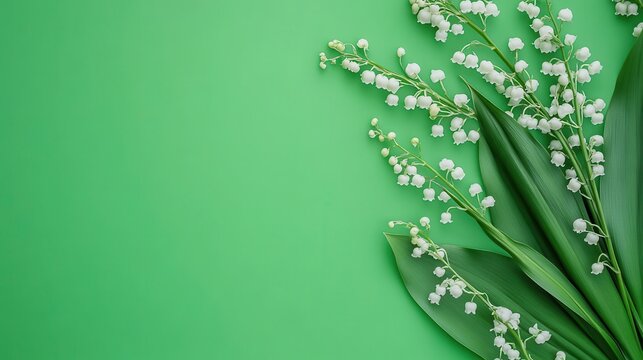 Lily of the valley flowers on green background, fresh floral flatlay. Perfect for spring designs, invitations, and floral illustrations.