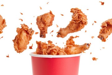 Sharp Picture of Fried Chicken Flying Out of Paper Bucket Isolated on White Background