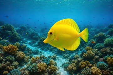 Obraz premium Vibrant yellow tang fish swimming gracefully in crystal-clear tropical waters showcasing brilliant marine life and coral reef ecosystem