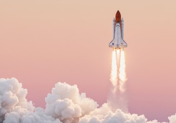 Space shuttle ascends through clouds with fiery exhaust against a soft pink sky