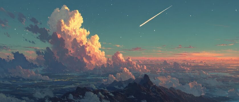 Scenic panorama of dramatic clouds illuminated by golden sunset light with a meteor streaking across the starry sky