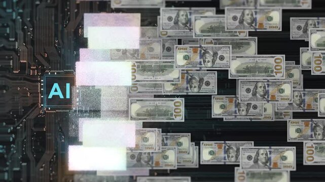 AI Wealth Generation Background: 8s Intro + 15s Loop Dollar Cash Flow AI Chip Circuit Board for Business Content