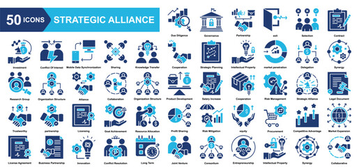 Strategic Alliance icon collection set.Due Diligence,Governance,Partnership,Selection,Contract,Investment,Conflict Of Interest.Simple vector illustration.