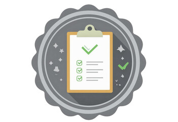 Checklist badge icon with clipboard and green check mark stamp for task verification quality assurance compliance and certified approval symbol