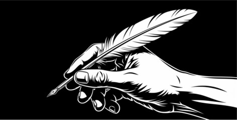 A hand delicately holds and guides a quill pen, poised for writing or drawing, against a stark black backdrop.
