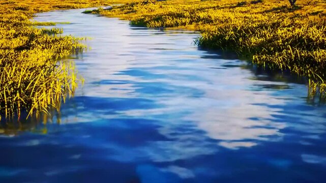 Sungai di sabana Africa-style (tanpa binatang), rumput kuning panjang, awan putih besar bergerak lamban, Realistis, 3D look (cinematic), Statis (kamera diam), Smooth (gerakan tidak tersendat), 4K reso