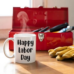 Happy Labor Day: Warm Coffee Mug, Red Tool Box, and Work Gloves on Wood Table