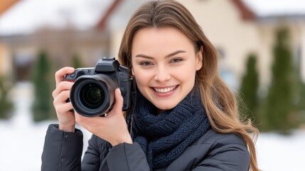 A woman smiling while holding a camera outdoors in a casual setting