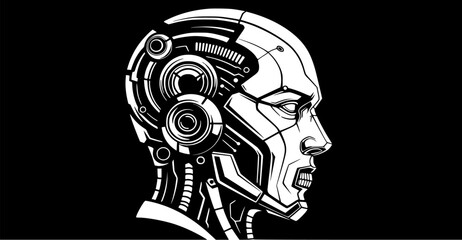 Side profile of a futuristic, mechanical robot head, intricate details.