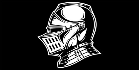 A profile view of a medieval knight's helmet, rendered in stark black and white, showcasing intricate details of the armor.