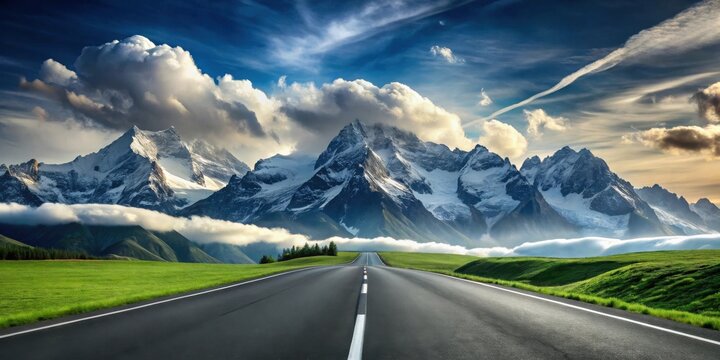 Asphalt road vanishing point towards majestic snow capped mountain range under a vibrant sunset sky