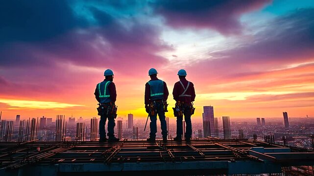 Workers observing sunset from construction site rooftop