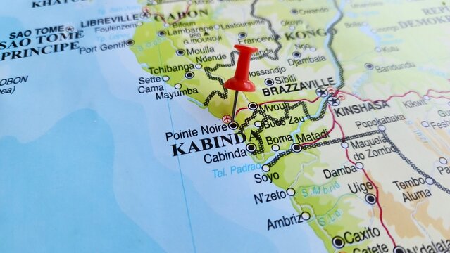 View of Pointe-Noire, City in the Republic of the Congo on a geographical map of Africa, marked with red push pin