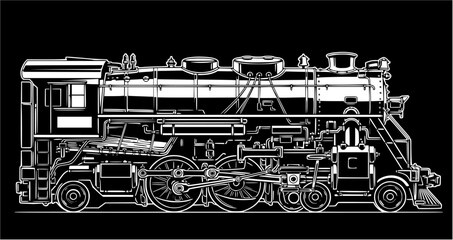 Detailed outline drawing of a vintage steam locomotive.