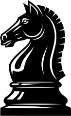 A stylized black chess knight piece, depicted in profile view, showcasing its powerful form and elegant design.