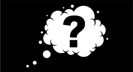 A large question mark inside a white thought bubble against a black background.