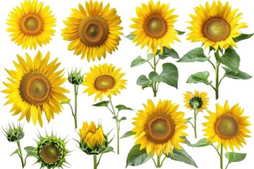 Sunflower Flowers Isolated on Transparent Background, Summer Flowers on White Background