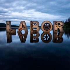 Serene twilight landscape; concrete LABOR letters inlaid with industrial tools reflected in still water.