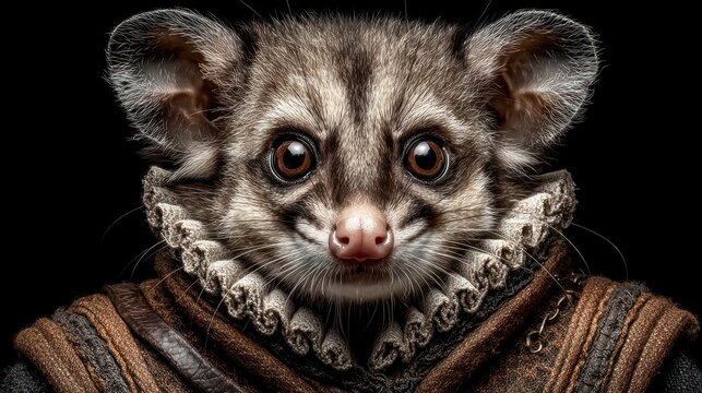Close up portrait of a civet cat wearing a ruffled collar and ornate brown clothing against a black background