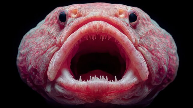 Close up of a pink scaly fish head with an open mouth showing sharp teeth against a black background