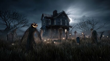 Haunted House and Spooky Halloween Scene