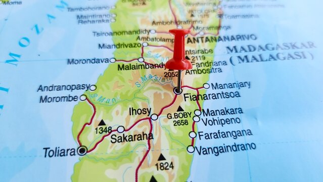 View of Fianarantsoa, is a city in south central Madagascar, and is the capital of Haute Matsiatra Region, on a geographical map of Africa, marked with red push pin