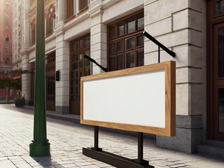 Blank wooden signboard in a city. Mockup, 3d rendering. Created using generative AI tools