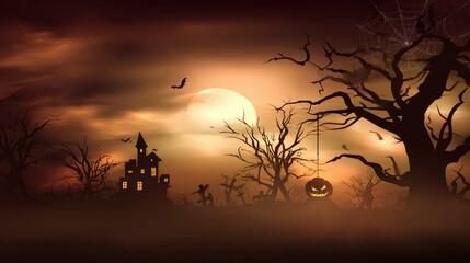 Spooky Halloween Night Scene with Haunted House and Bats