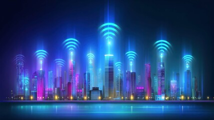 Futuristic Cityscape with Neon Wireless Signals