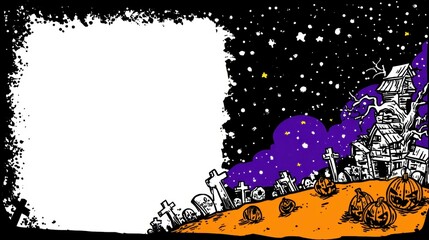 Spooky Halloween Night Scene with Haunted House and Jack-o'-Lanterns
