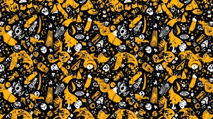 Vibrant Halloween Pattern with Cute Cats and Pumpkins