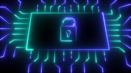 glowing neon Futuristic digital security concept , green and cyan Neon sign lock technology icon animation. circuit lines and grid on a dark background with a circular HUD on black background. - Powered by Adobe