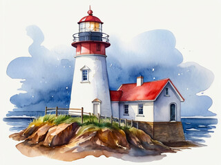 Lighthouse watercolor illustration on white background. Created using generative AI tools
