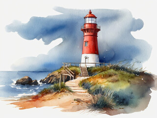 Lighthouse watercolor illustration on white background. Created using generative AI tools