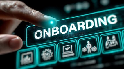 Human Finger Touching Glowing Onboarding Screen with Digital Interface Team Business New Employee Concept on a Dark Background - Powered by Adobe