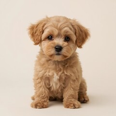 A full body warm and endearing portrait of a mopse, a small, playful dog with a curly, non-shedding coat, featuring a round face, large brown eyes, floppy ears, and a short, button nose, sitting on a 