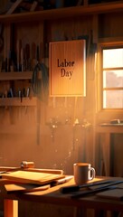 Warm, golden-hour light illuminates a woodworker's workshop; Labor Day sign, tools, and coffee mug on workbench.