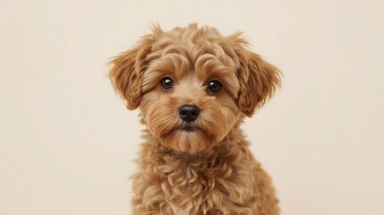 A full body warm and endearing portrait of a mopse, a small, playful dog with a curly, non-shedding coat, featuring a round face, large brown eyes, floppy ears, and a short, button nose, sitting on a 