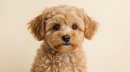 A full body warm and endearing portrait of a mopse, a small, playful dog with a curly, non-shedding coat, featuring a round face, large brown eyes, floppy ears, and a short, button nose, sitting on a 