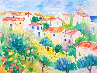 Pastel Village on a Flowering Hillside