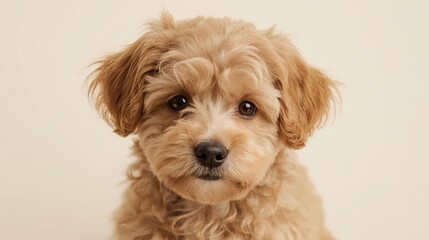 A full body warm and endearing portrait of a mopse, a small, playful dog with a curly, non-shedding coat, featuring a round face, large brown eyes, floppy ears, and a short, button nose, sitting on a 