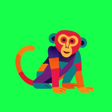 Colorful abstract monkey illustration animation, transparent 4K video, green screen