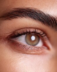 Eyebrows recovering after microblading, showing details of tattoo, brow line, skin texture and fading of color. Natural or warm white light, plain background suitable for clinic.