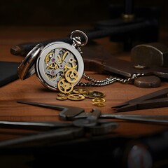 Disassembled antique pocket watch with gears scattered on a dark wooden workbench, vintage repair concept.