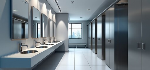 Modern public restroom interior with multiple white sinks and mirrors above, stainless steel stall partitions in light gray, spacious layout with window illumination, clean minimalist design in commer