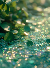 The close-up image shows shimmering green sequins and small, round leaves scattered on the ground, highlighted by a soft bokeh background effect,