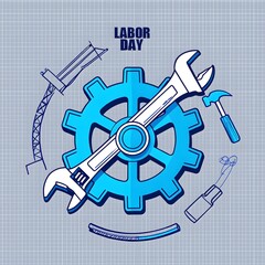 Labor Day: Blue Wrench and Gear, Modern Industrial Design, Celebratory Mood