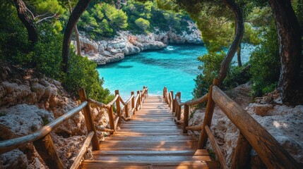 Fototapeta premium Wooden stairs descend to turquoise cove. Lush trees frame the vista