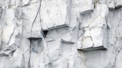 Close-up texture of a white chalk cliff with natural cracks and rough stone surface. Ideal for backgrounds, geological themes, nature design, minimalism, and abstract concepts.