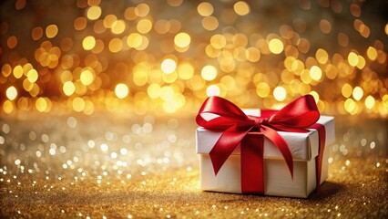 A Festive Gift Box with a Red Ribbon on a Sparkling Gold Background